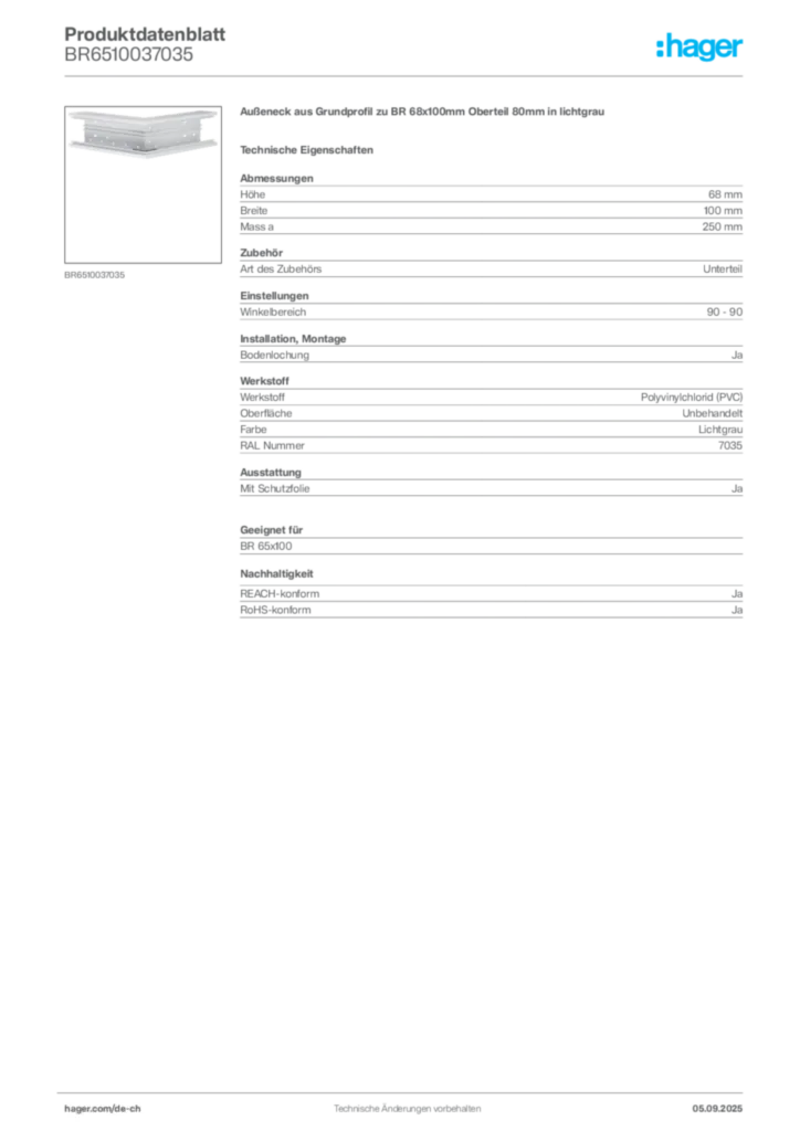 Bild Hager Produktdatenblatt BR6510037035 | Hager Schweiz