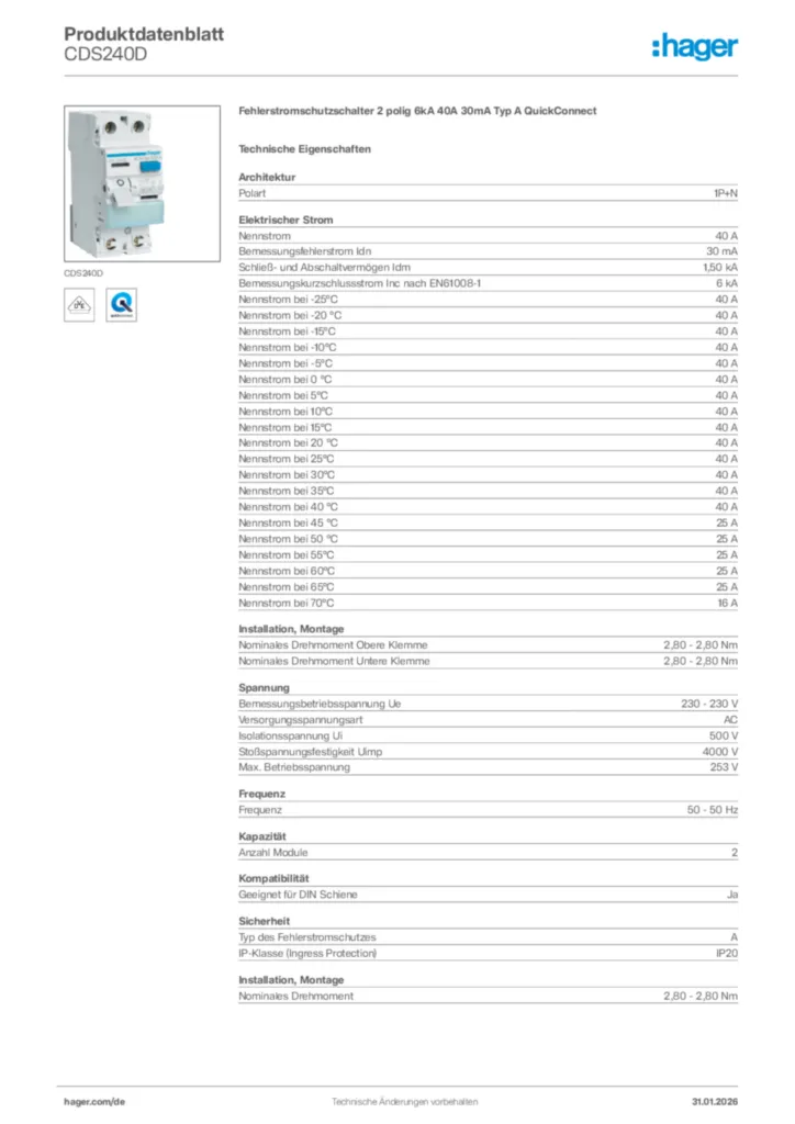 Hager Produktdatenblatt CDS240D