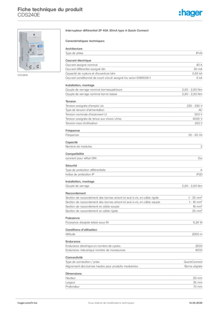 Image Hager Fiche technique du produit CDS240E | Hager Belgique