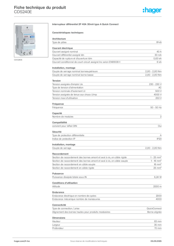 Image Hager Fiche technique du produit CDS240E | Hager Belgique