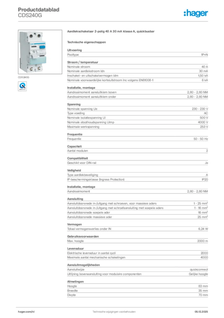 Afbeelding Hager Productdatablad CDS240G | Hager Nederland