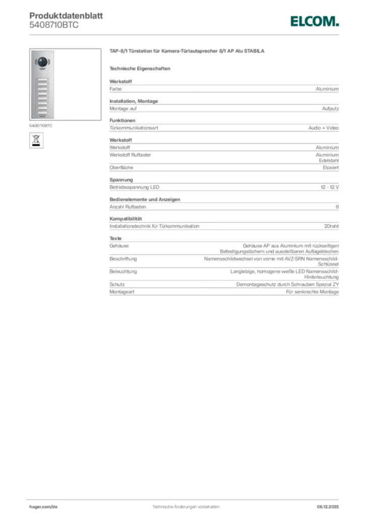 Bild Elcom Produktdatenblatt 5408710BTC | Hager Deutschland