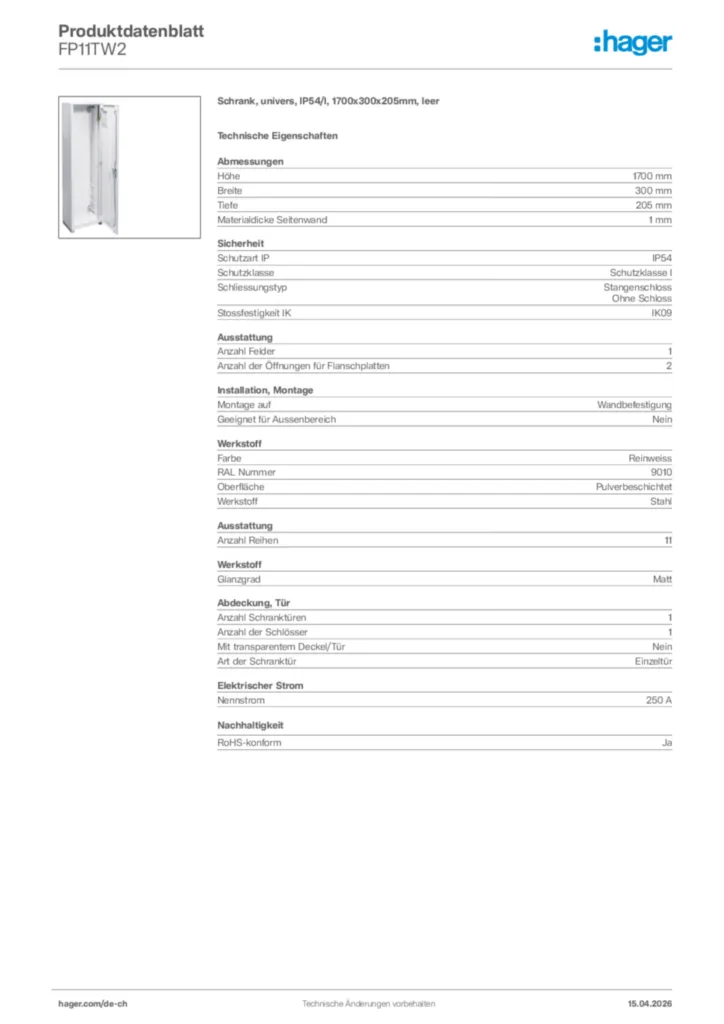 Bild Hager Produktdatenblatt FP11TW2 | Hager Schweiz
