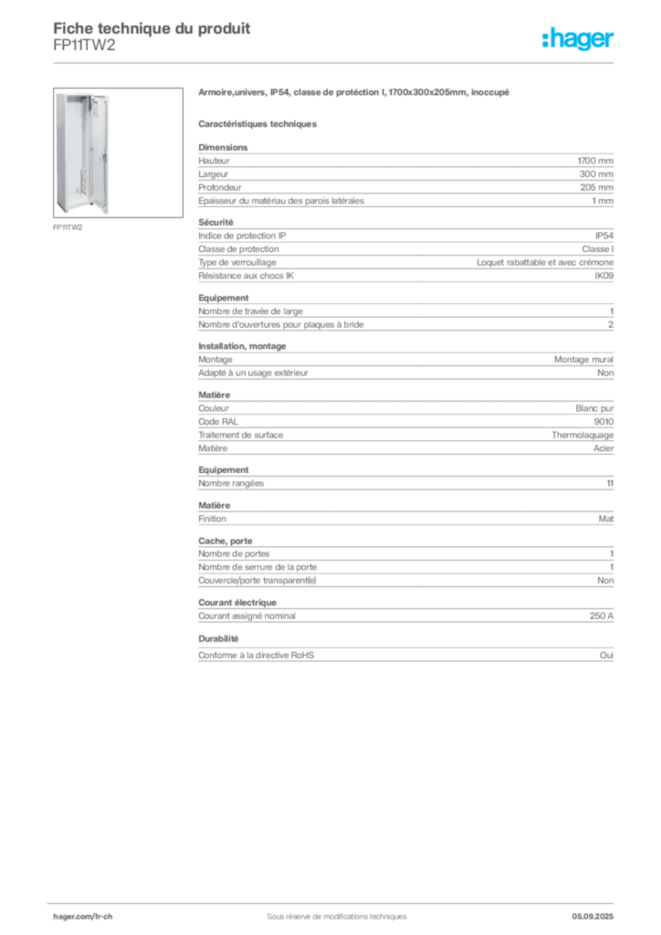 Image Hager Fiche technique du produit FP11TW2 | Hager Suisse
