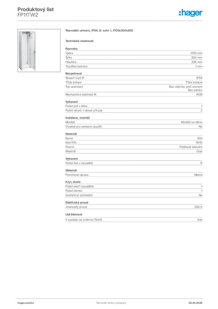 Obrázek Hager Product data sheet FP11TW2 | Hager
