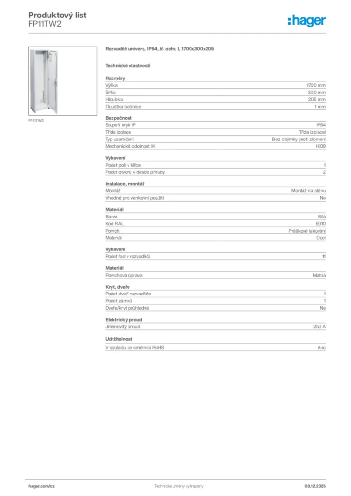 Obrázek Hager Product data sheet FP11TW2 | Hager
