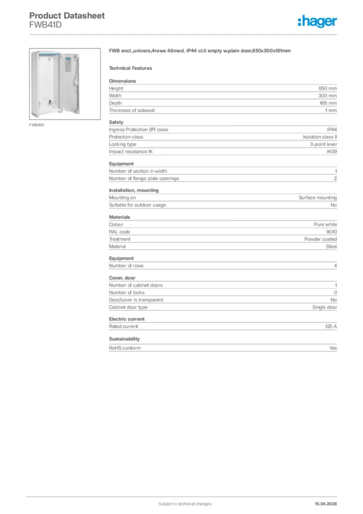 Image Hager Product data sheet FWB41D  | Hager Africa