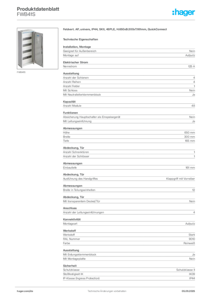Bild Hager Produktdatenblatt FWB41S | Hager Deutschland