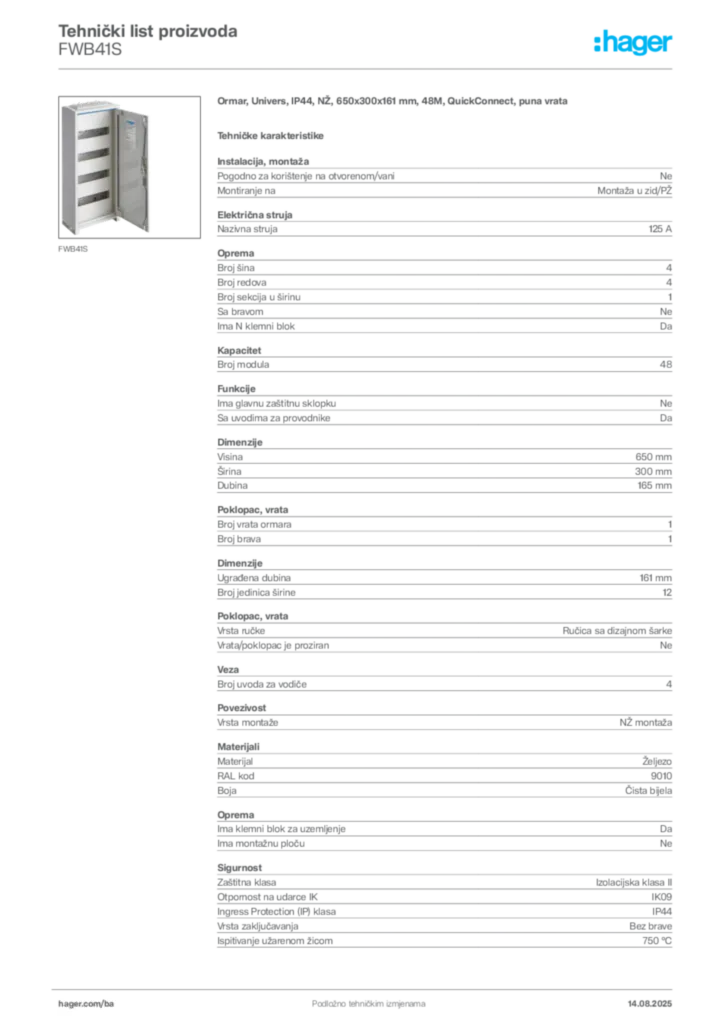 Slika Hager Product data sheet FWB41S  | Hager