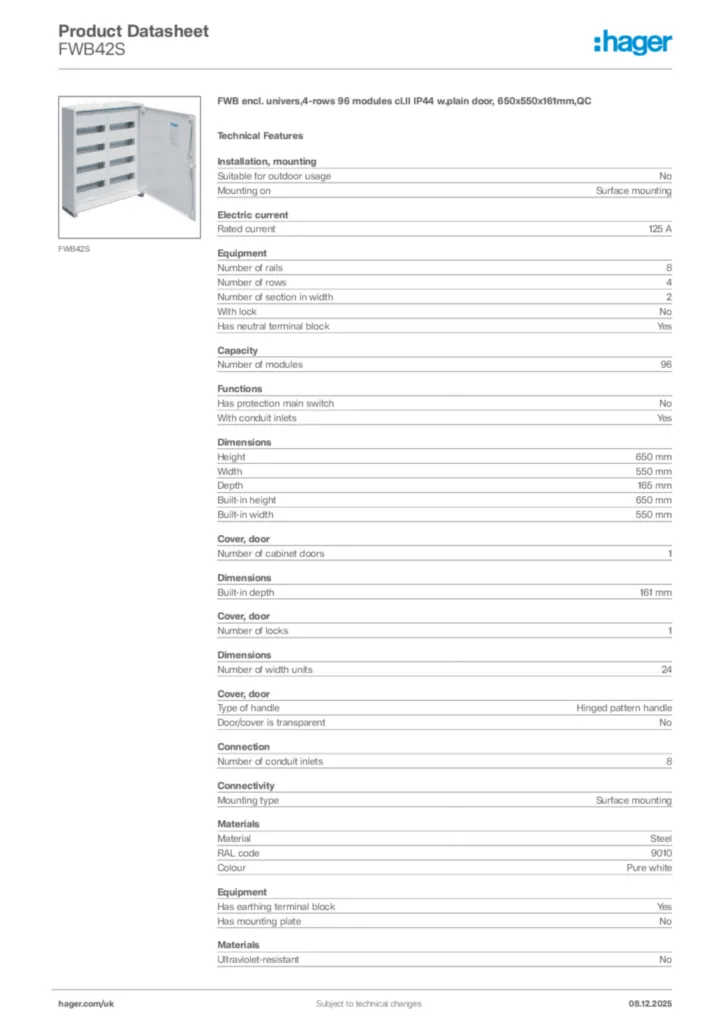 Image Hager Product data sheet FWB42S  | Hager