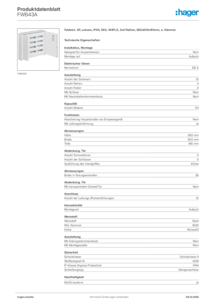 Bild Hager Produktdatenblatt FWB43A | Hager Deutschland
