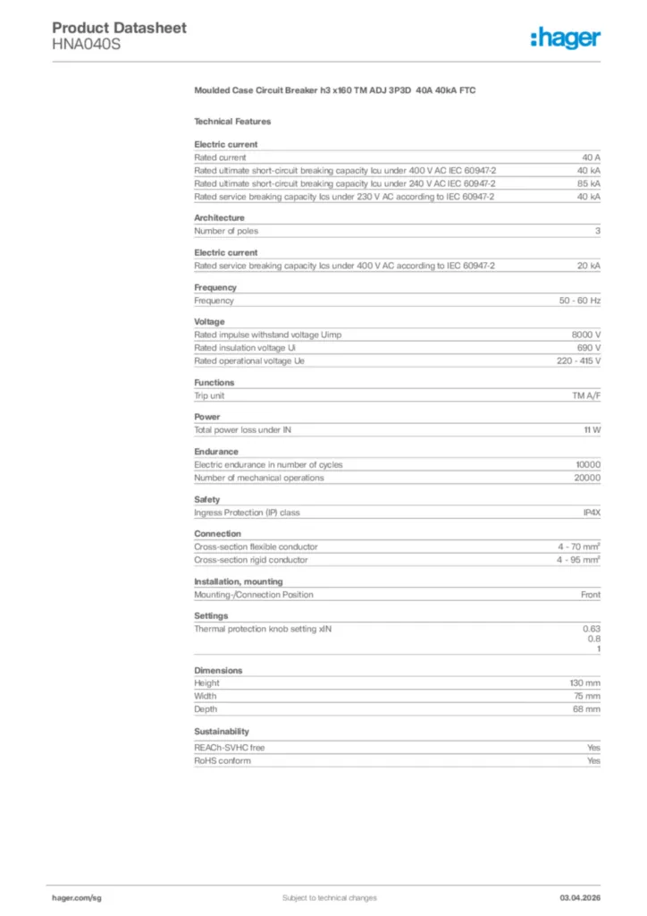 Image Hager Product data sheet HNA040S  | Hager