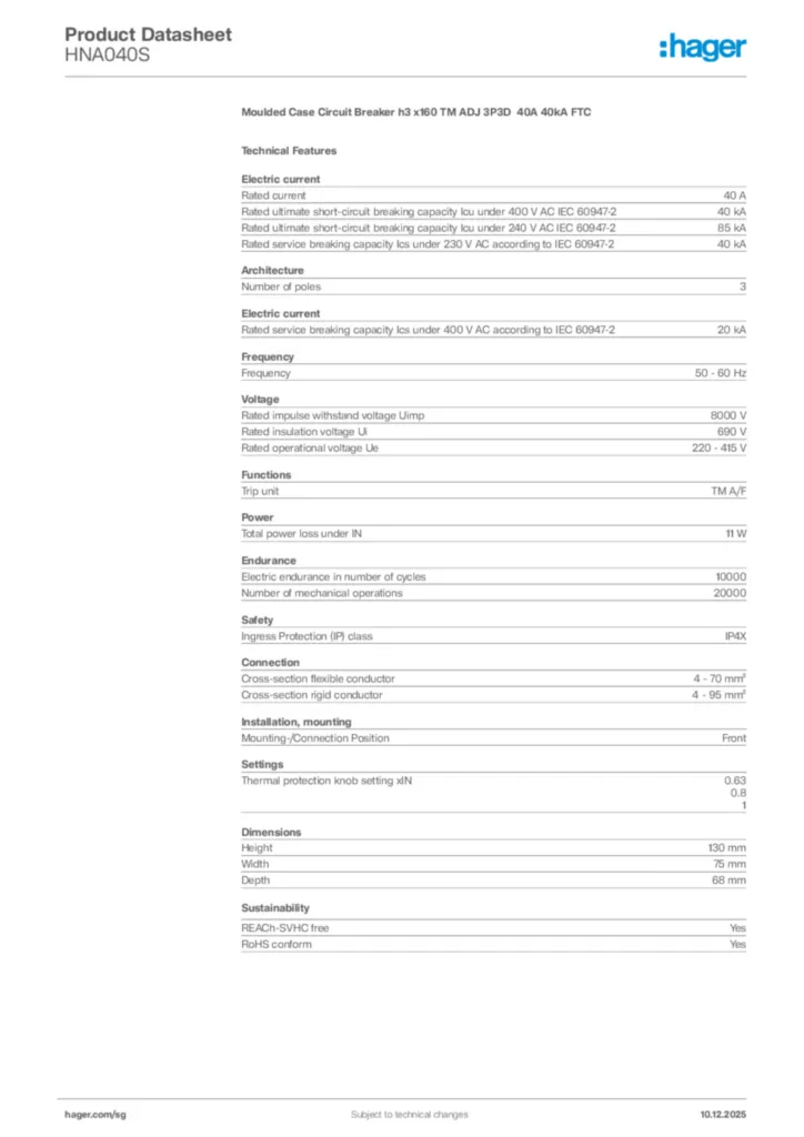 Image Hager Product data sheet HNA040S  | Hager