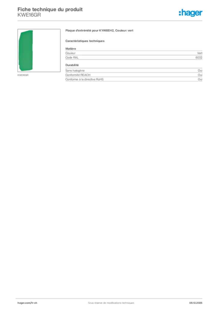Image Hager Fiche technique du produit KWE16GR | Hager Suisse