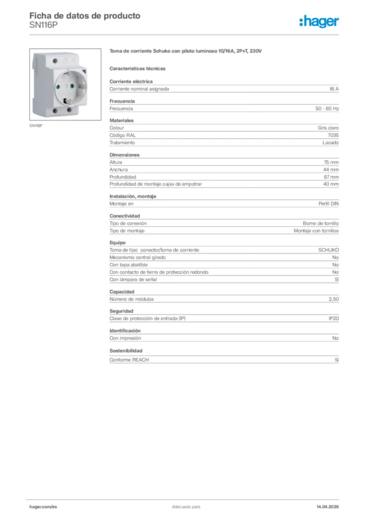 Imagen Hager Ficha de datos de producto SN116P | Hager España