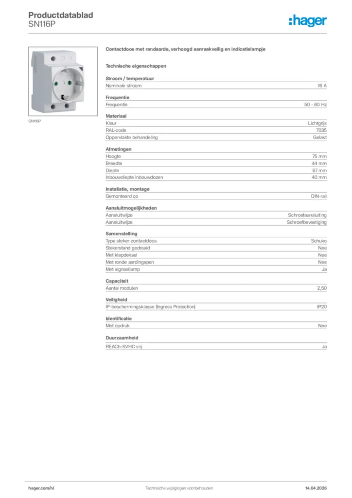 Afbeelding Hager Productdatablad SN116P | Hager Nederland