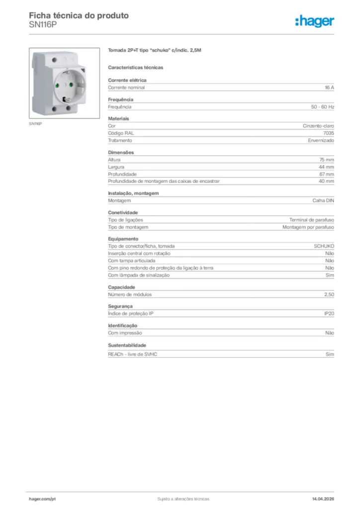 Imagem Hager Ficha técnica do produto SN116P | Hager Portugal