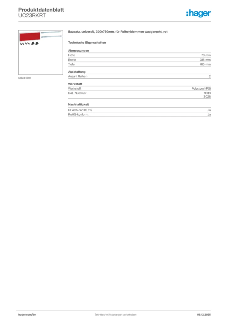 Bild Hager Produktdatenblatt UC23RKRT | Hager Deutschland