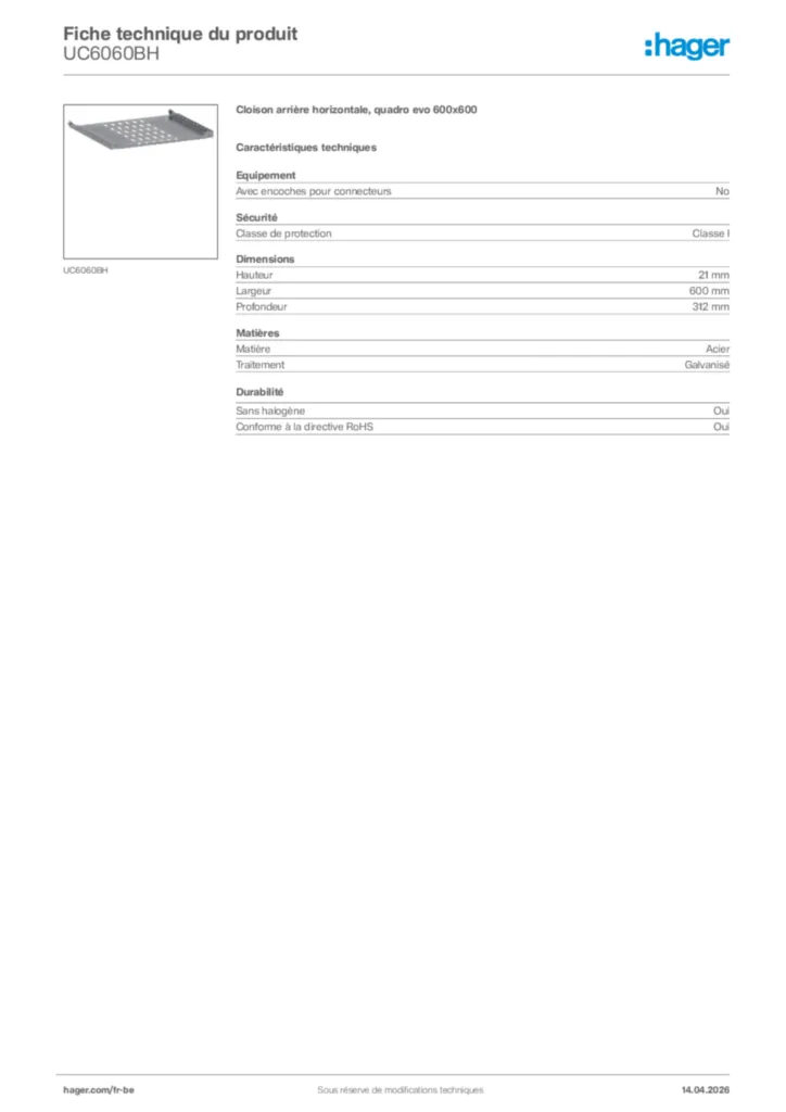 Image Hager Fiche technique du produit UC6060BH | Hager Belgique