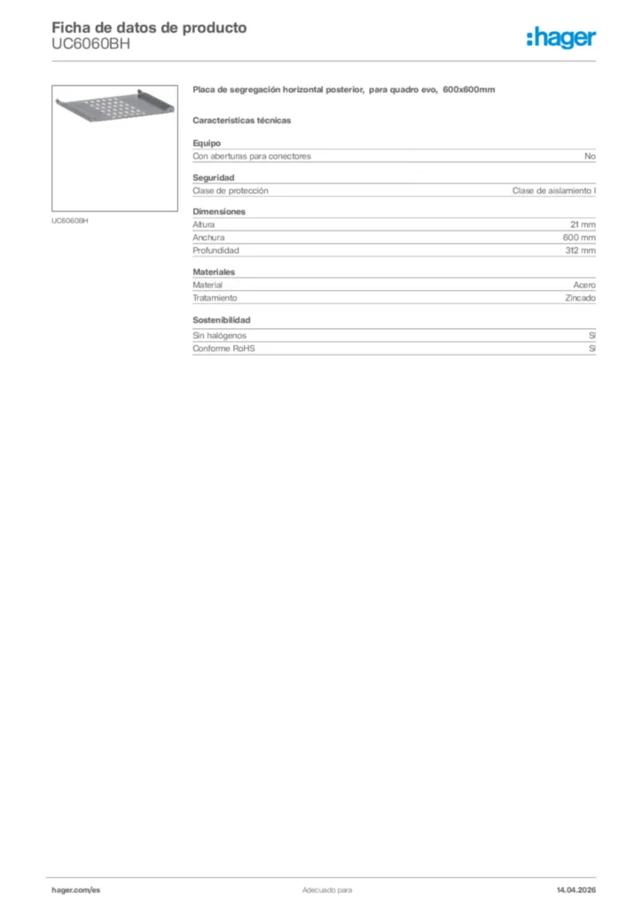 Imagen Hager Ficha de datos de producto UC6060BH | Hager España