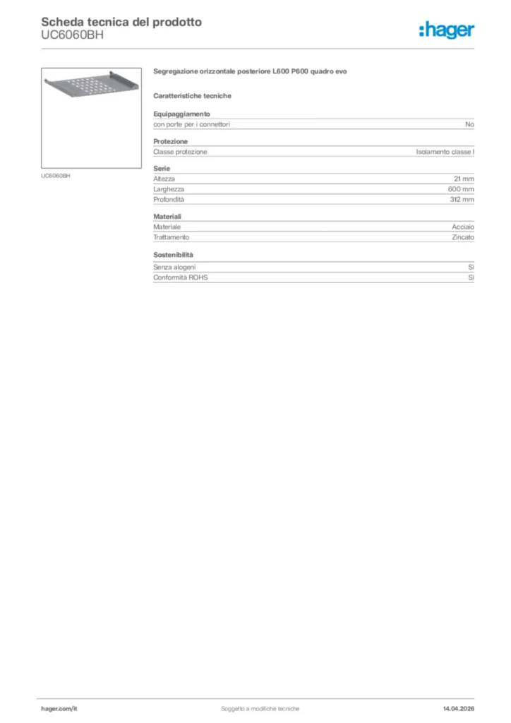 Immagine Hager Scheda tecnica del prodotto UC6060BH | Hager Italia