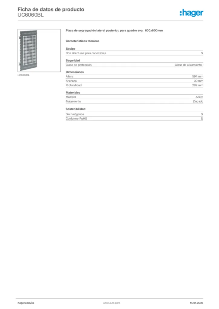 Imagen Hager Ficha de datos de producto UC6060BL | Hager España