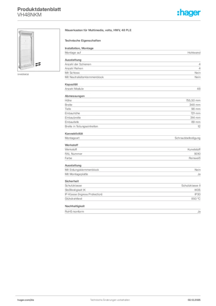 Bild Hager Produktdatenblatt VH48NKM | Hager Deutschland
