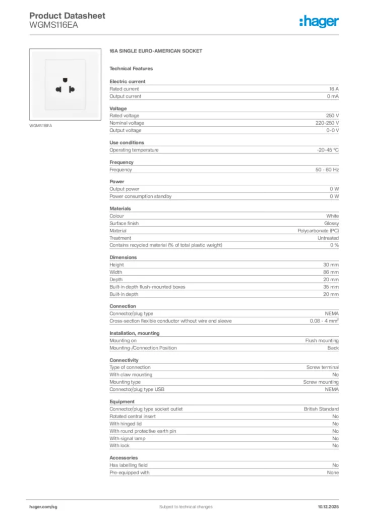 Image Hager Product data sheet WGMS116EA  | Hager