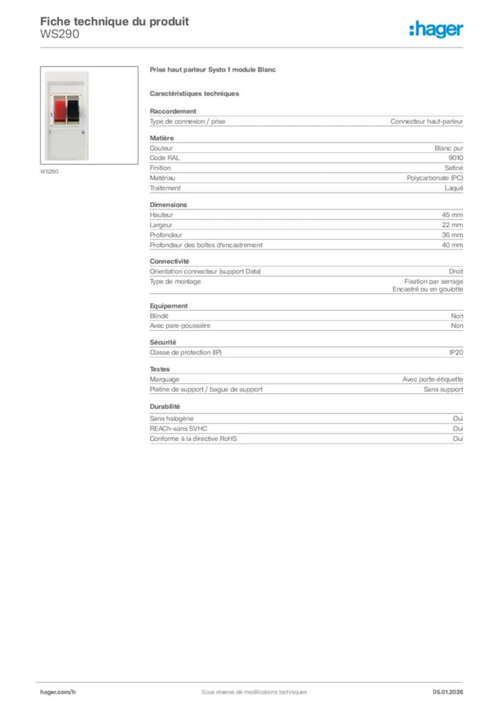 Image Hager Fiche technique du produit WS290 | Hager France
