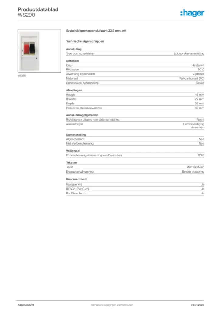 Afbeelding Hager Productdatablad WS290 | Hager Nederland