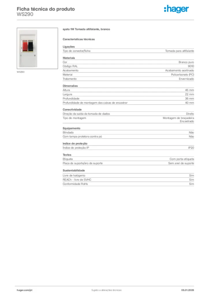 Imagem Hager Ficha técnica do produto WS290 | Hager Portugal