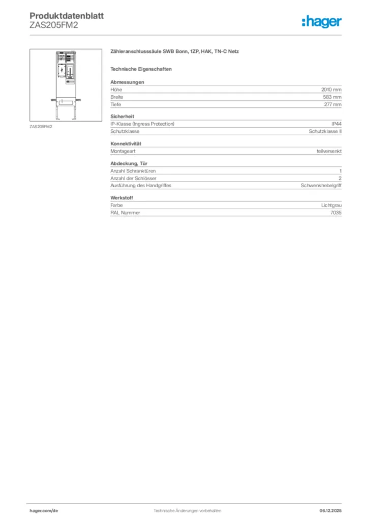 Bild Hager Produktdatenblatt ZAS205FM2 | Hager Deutschland