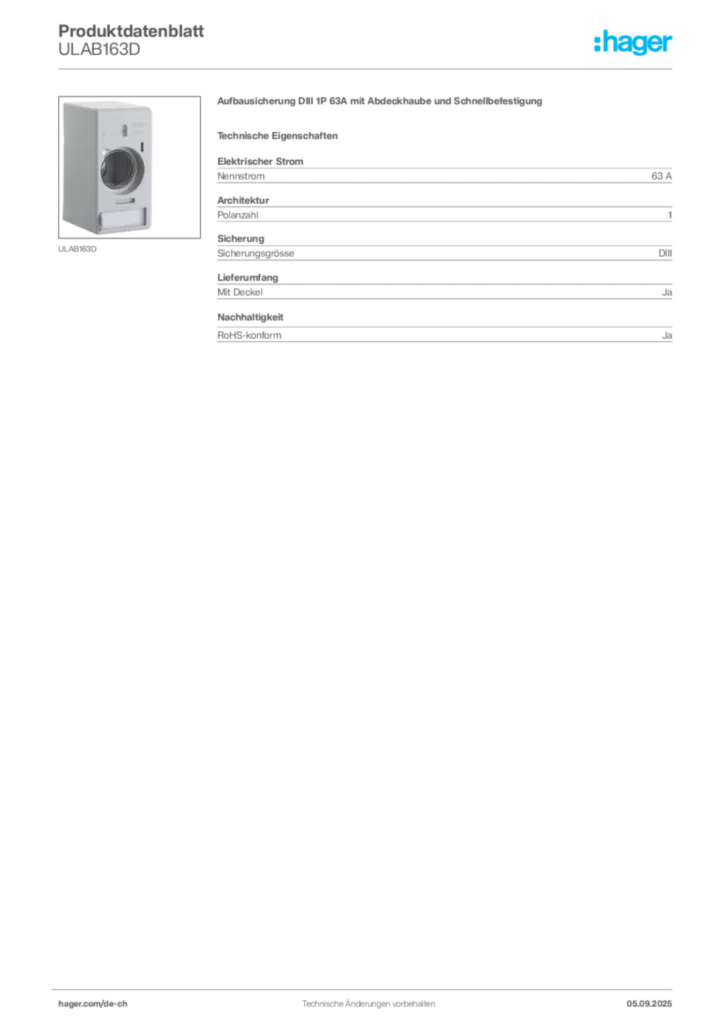 Bild Hager Produktdatenblatt ULAB163D | Hager Schweiz