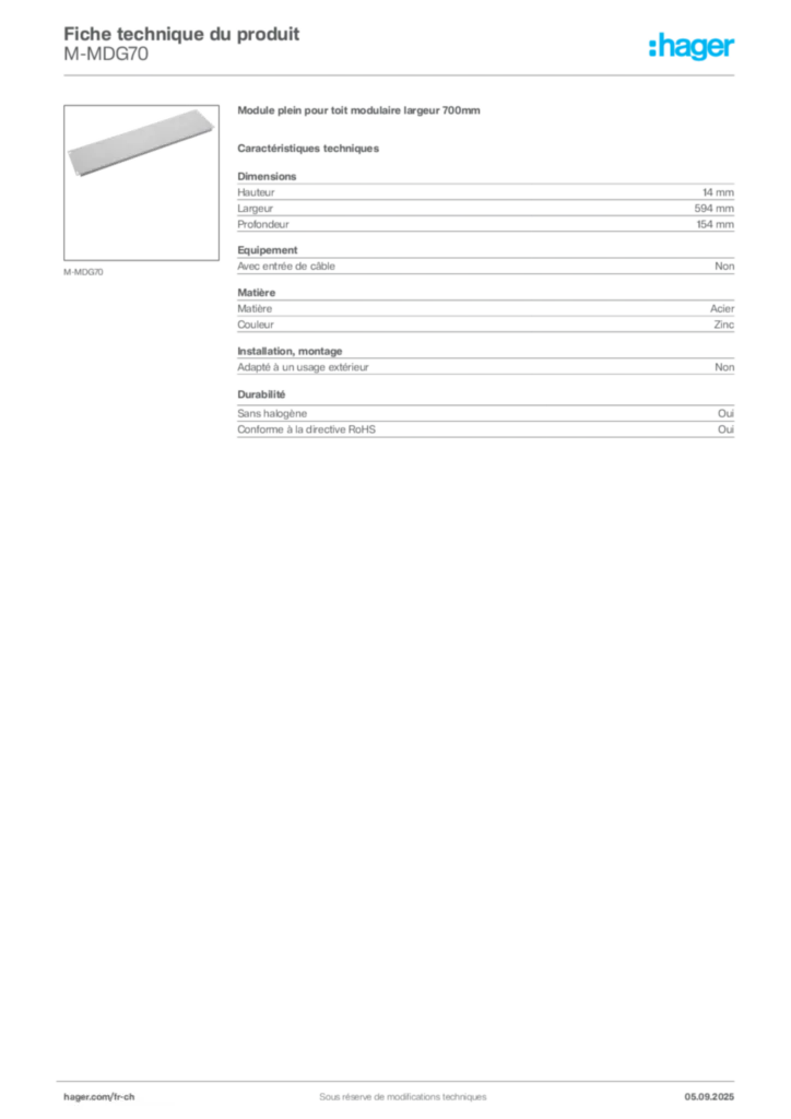 Image Hager Fiche technique du produit M-MDG70 | Hager Suisse