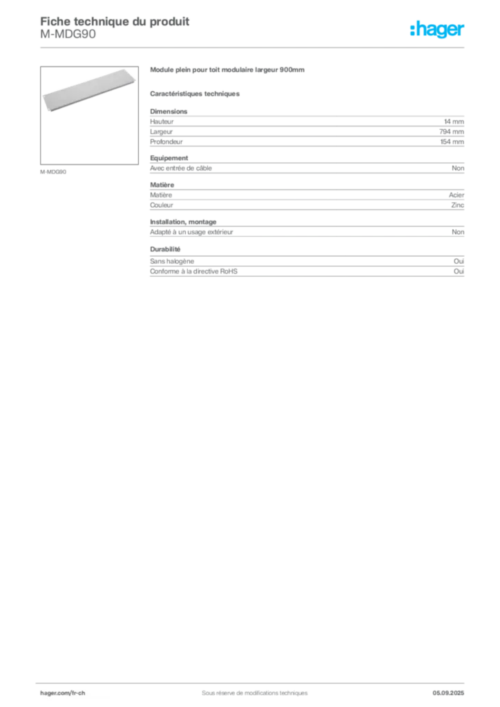 Image Hager Fiche technique du produit M-MDG90 | Hager Suisse