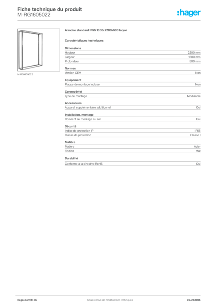Image Hager Fiche technique du produit M-RG1605022 | Hager Suisse