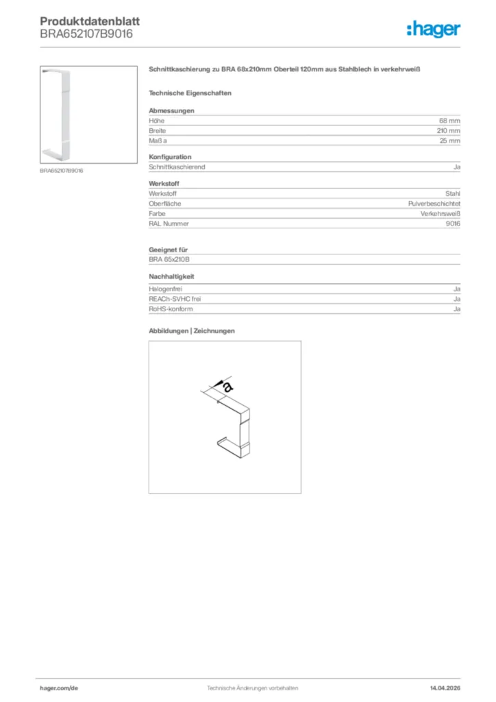 Bild Hager Produktdatenblatt BRA652107B9016 | Hager Deutschland