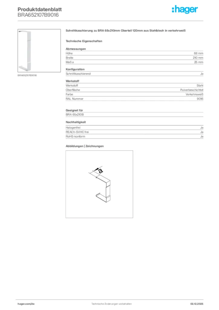 Bild Hager Produktdatenblatt BRA652107B9016 | Hager Deutschland