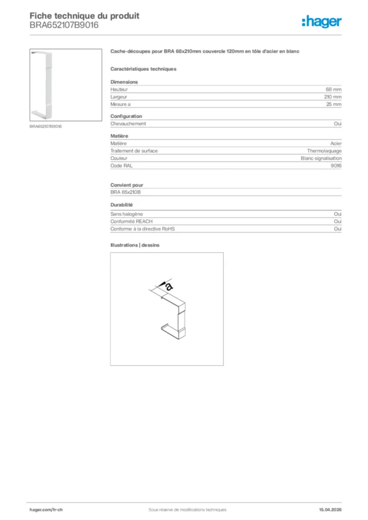 Image Hager Fiche technique du produit BRA652107B9016 | Hager Suisse