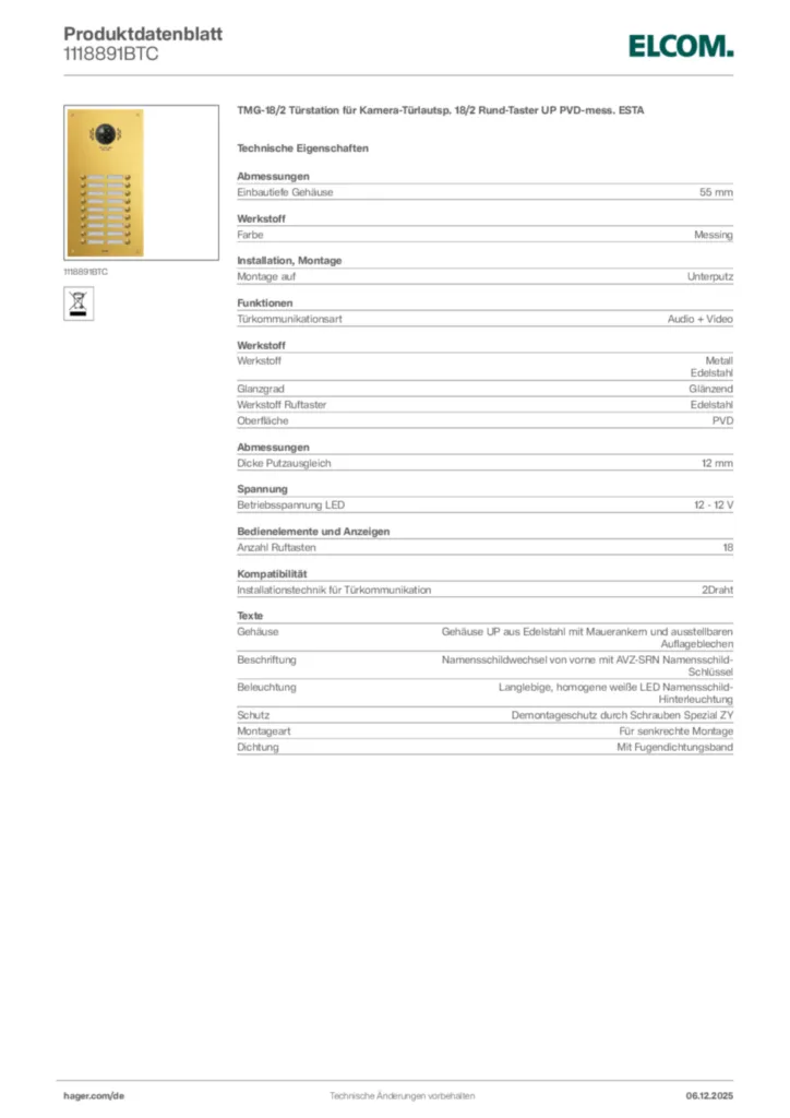 Bild Elcom Produktdatenblatt 1118891BTC | Hager Deutschland