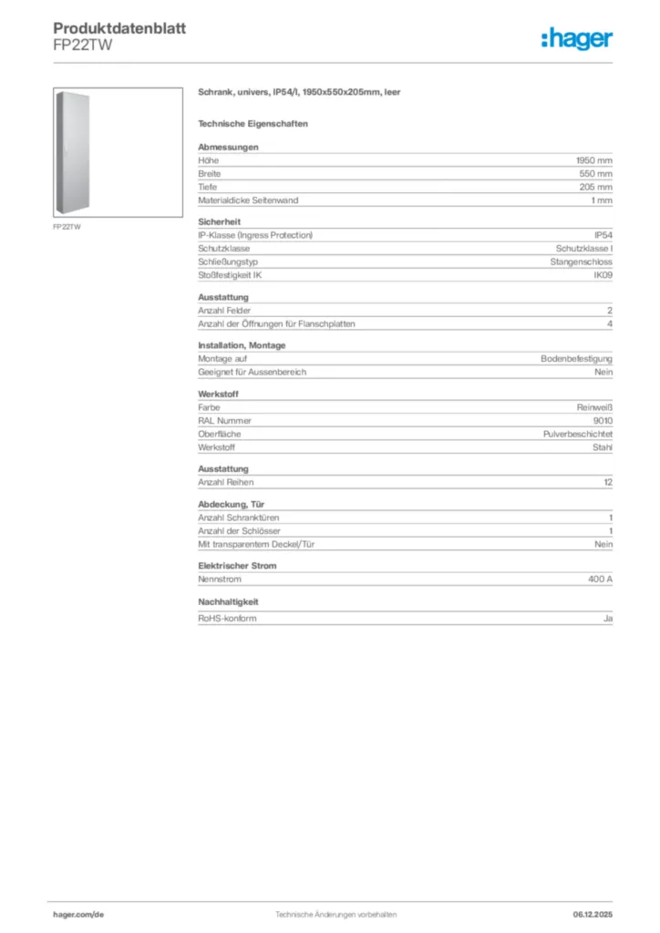 Bild Hager Produktdatenblatt FP22TW | Hager Deutschland
