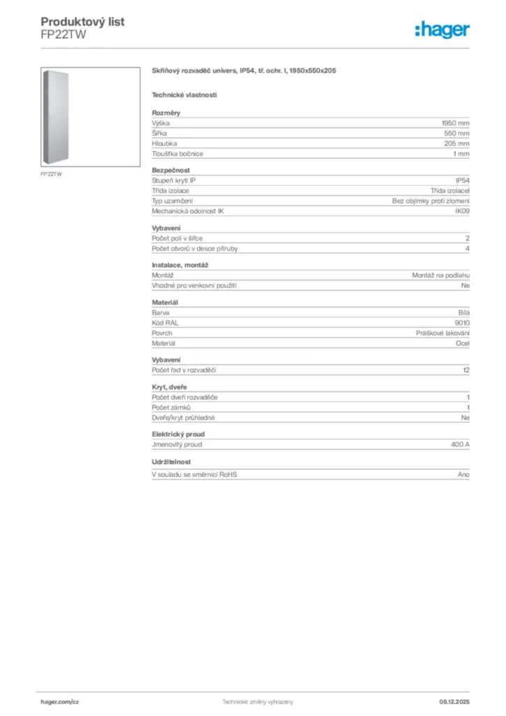 Obrázek Hager Product data sheet FP22TW | Hager