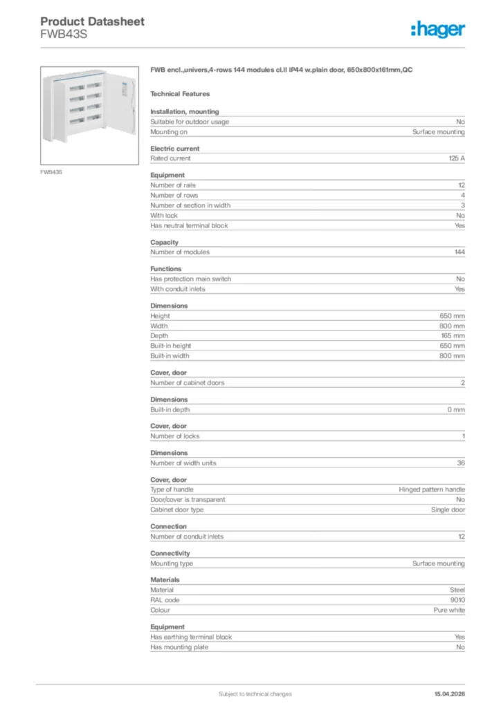 Image Hager Product data sheet FWB43S  | Hager Africa