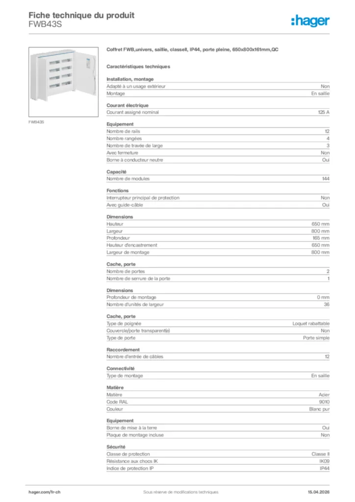Image Hager Fiche technique du produit FWB43S | Hager Suisse