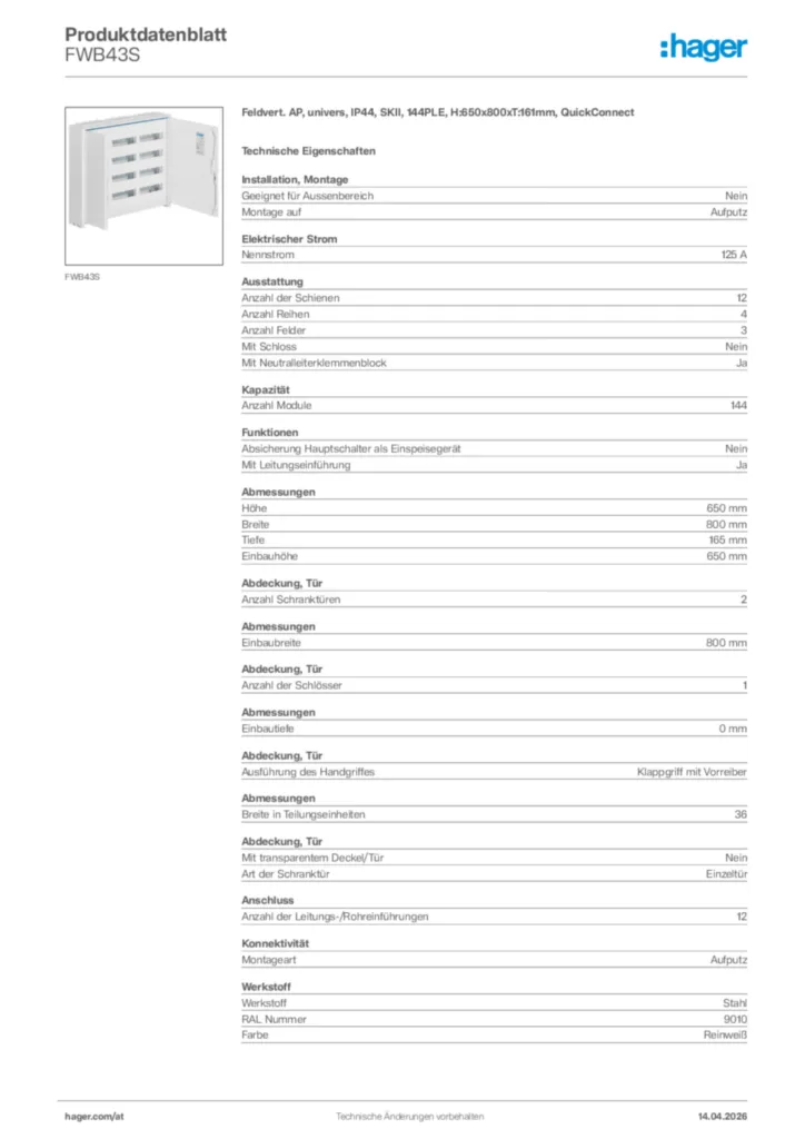 Bild Hager Produktdatenblatt FWB43S | Hager Deutschland