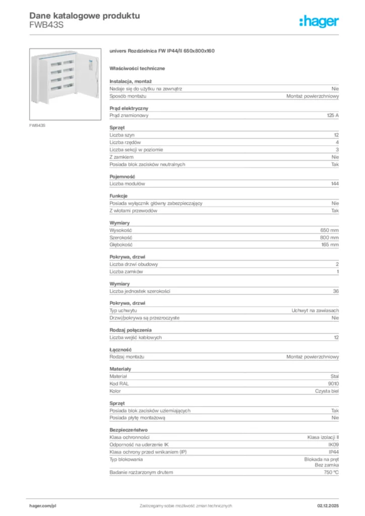 Zdjęcie Hager Dane katalogowe produktu FWB43S | Hager Polska