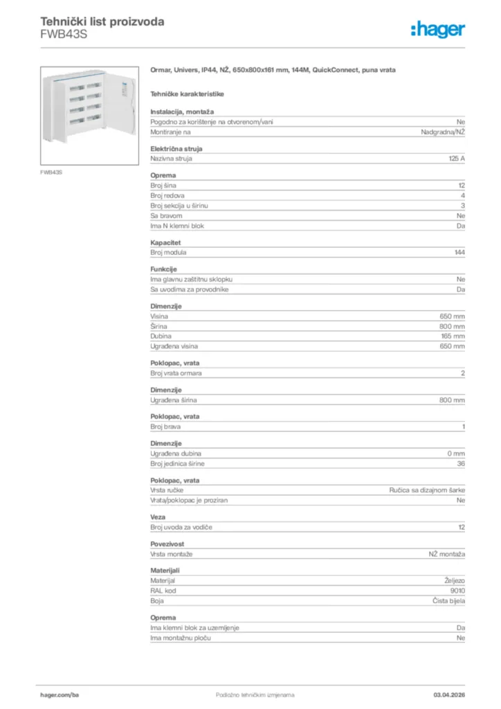 Slika Hager Tehnički list proizvoda FWB43S  | Hager