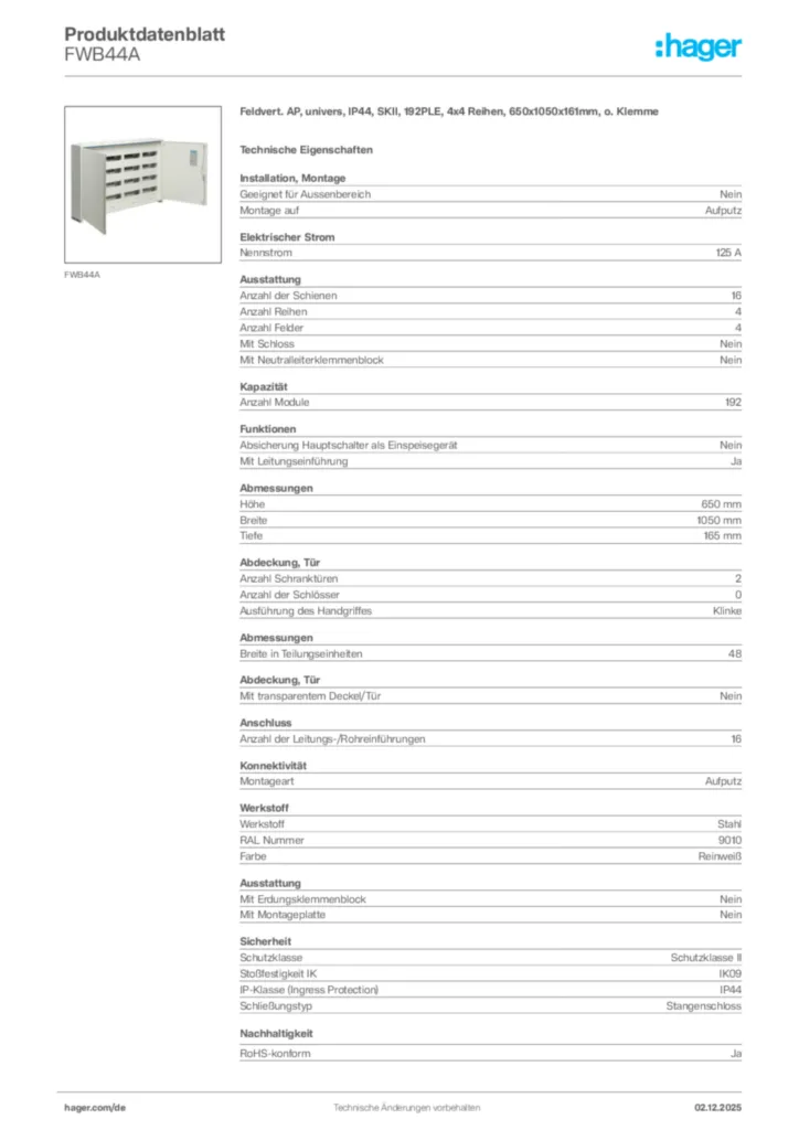 Bild Hager Produktdatenblatt FWB44A | Hager Deutschland