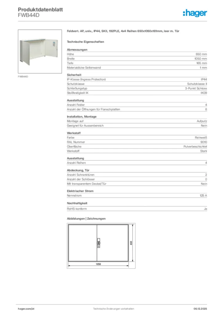 Bild Hager Produktdatenblatt FWB44D | Hager Deutschland
