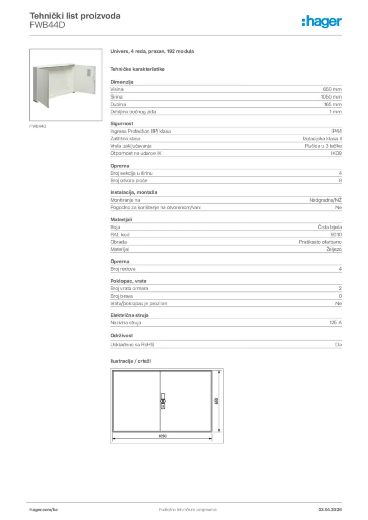 Slika Hager Tehnički list proizvoda FWB44D  | Hager